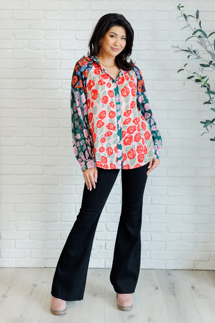 Presupposed Ideas Mixed Print Button Up Blouse-110 Long Sleeve Tops-Inspired by Justeen-Women's Clothing Boutique