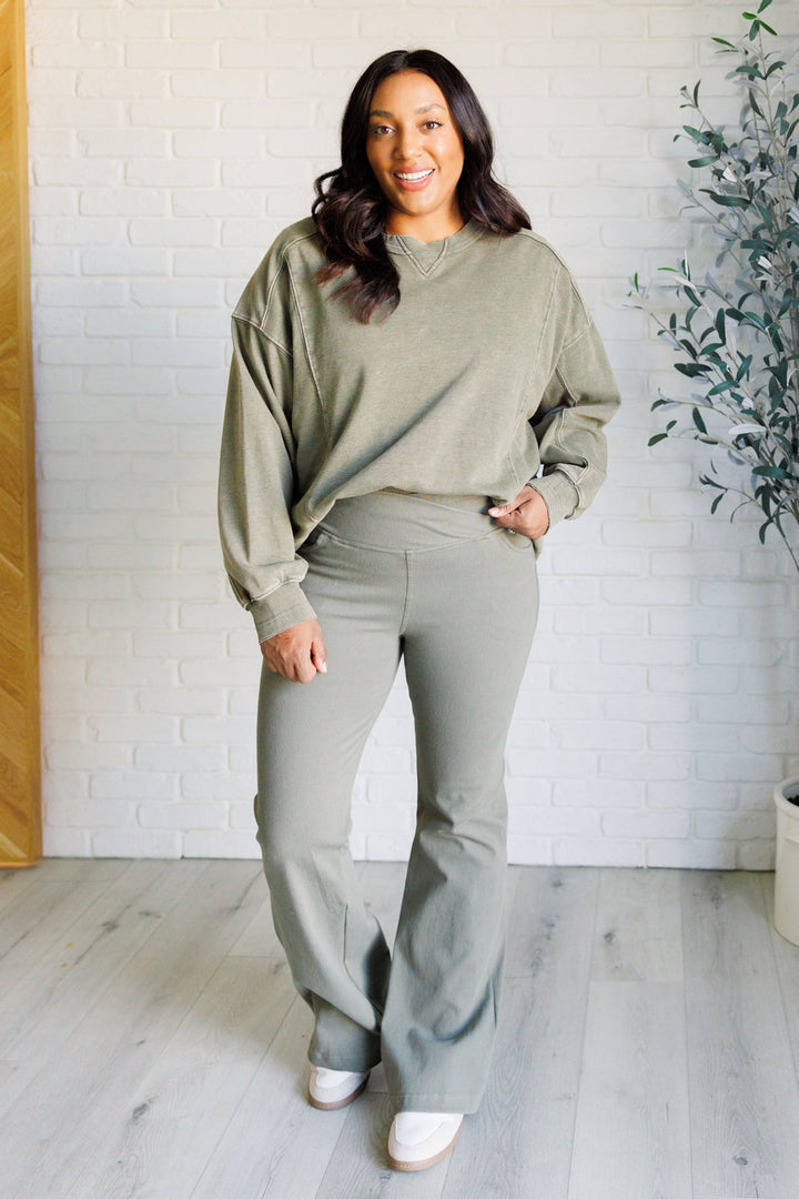 Quick Fix Mineral Wash Crew Neck Pullover in Army Green-Sweaters/Sweatshirts-Inspired by Justeen-Women's Clothing Boutique