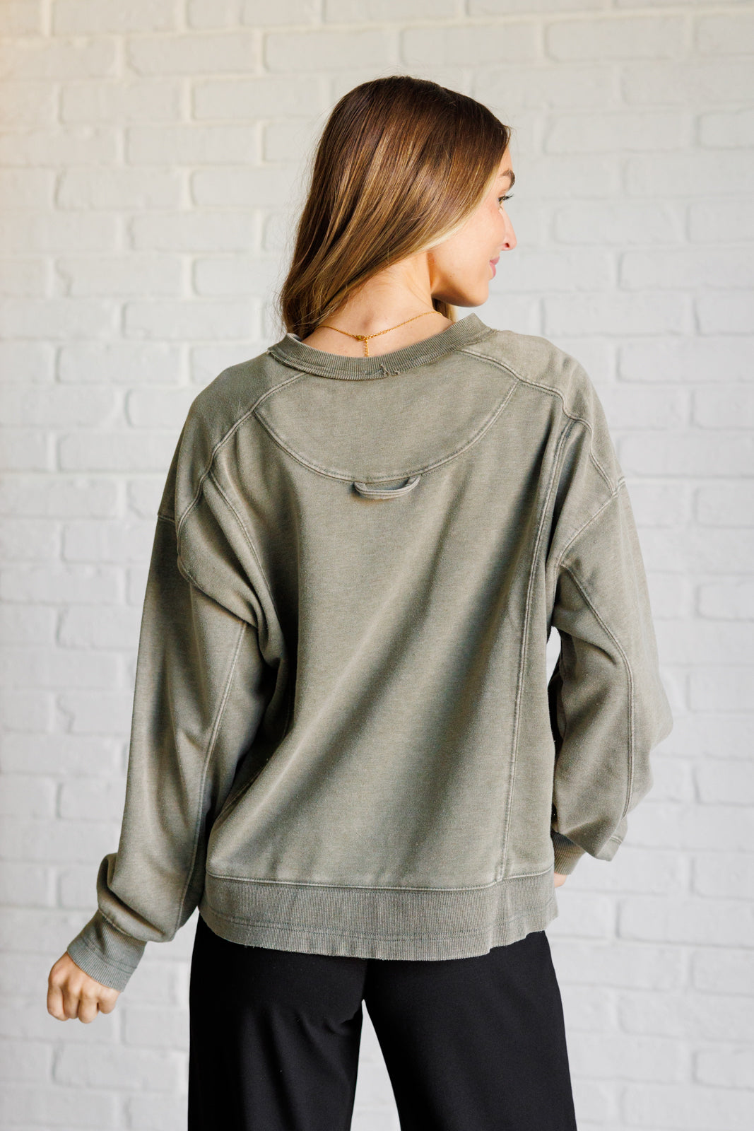 Quick Fix Mineral Wash Crew Neck Pullover in Army Green-Sweaters/Sweatshirts-Inspired by Justeen-Women's Clothing Boutique