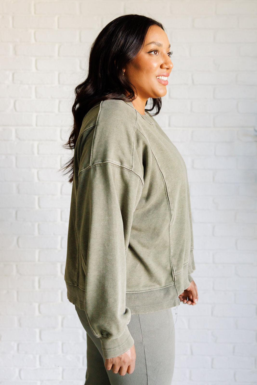 Quick Fix Mineral Wash Crew Neck Pullover in Army Green-Sweaters/Sweatshirts-Inspired by Justeen-Women's Clothing Boutique