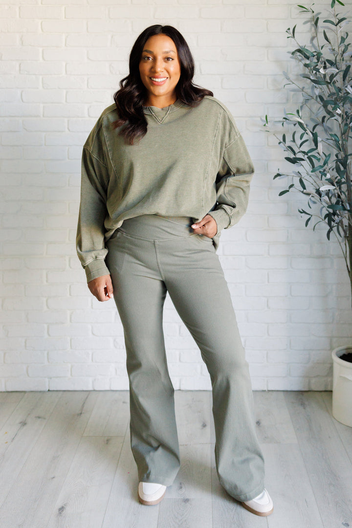 Building Habits Twill Flared Crossover Waist Pant in Dusty Olive-Pants-Inspired by Justeen-Women's Clothing Boutique