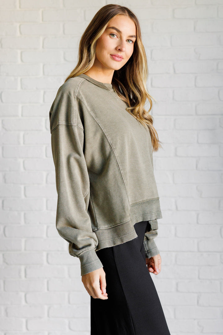 Quick Fix Mineral Wash Crew Neck Pullover in Army Green-Sweaters/Sweatshirts-Inspired by Justeen-Women's Clothing Boutique