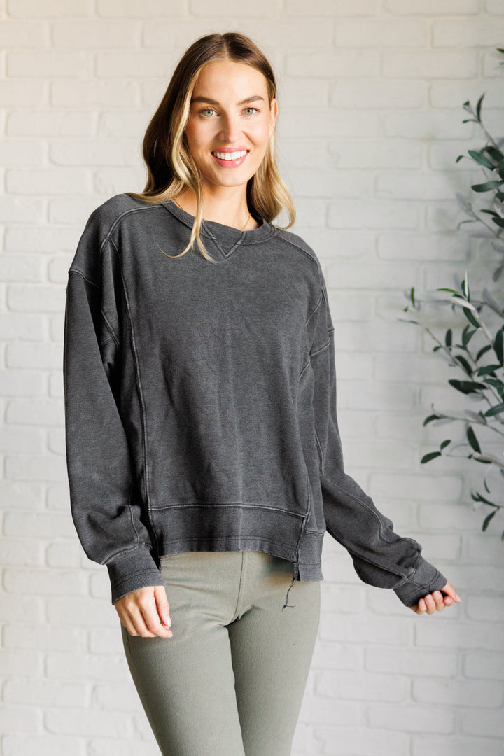 Quick Fix Mineral Wash Crew Neck Pullover in Black-Sweaters/Sweatshirts-Inspired by Justeen-Women's Clothing Boutique