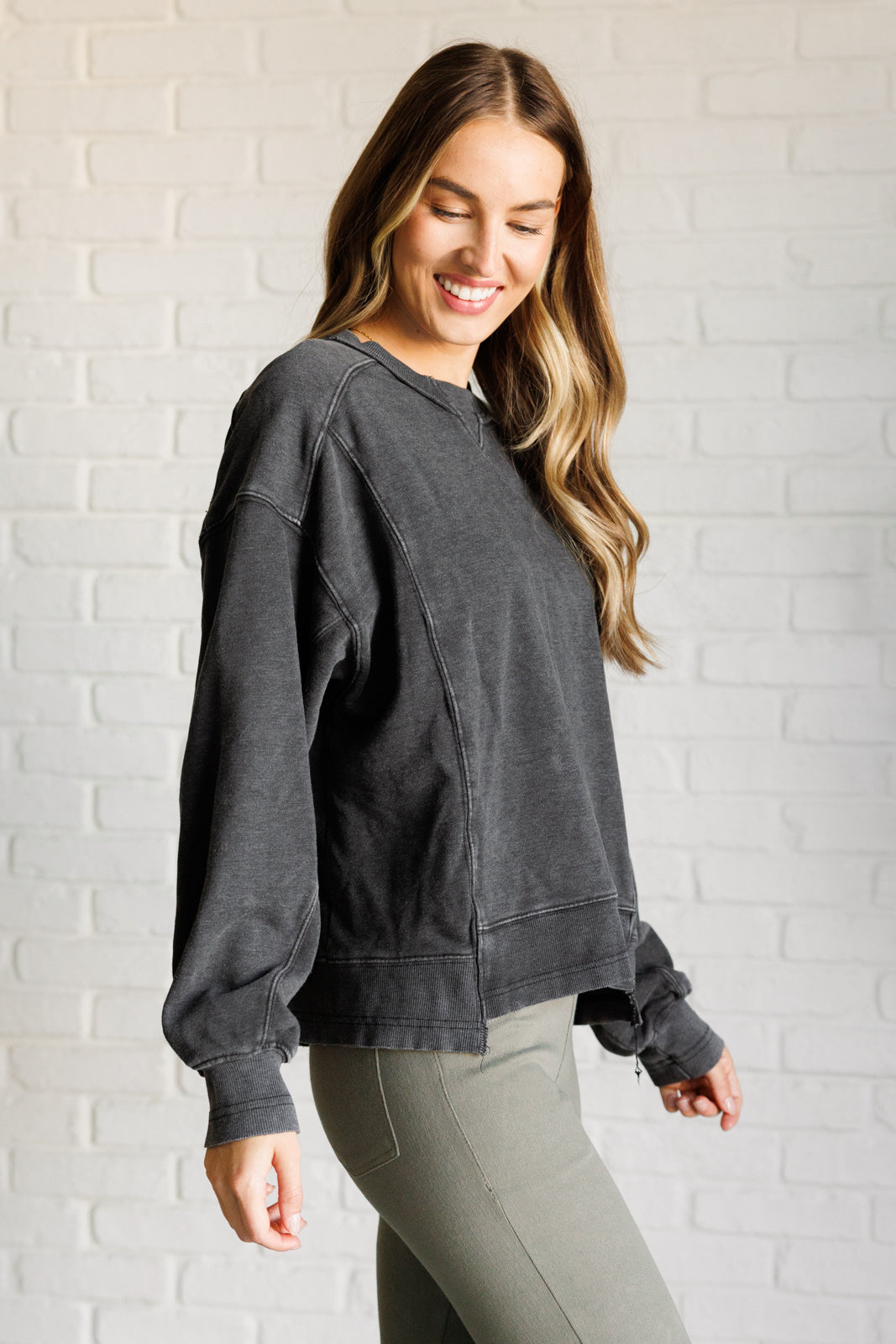 Quick Fix Mineral Wash Crew Neck Pullover in Black-Sweaters/Sweatshirts-Inspired by Justeen-Women's Clothing Boutique