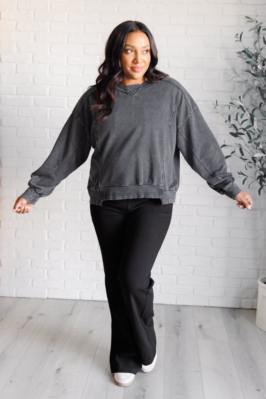 Quick Fix Mineral Wash Crew Neck Pullover in Black-Sweaters/Sweatshirts-Inspired by Justeen-Women's Clothing Boutique