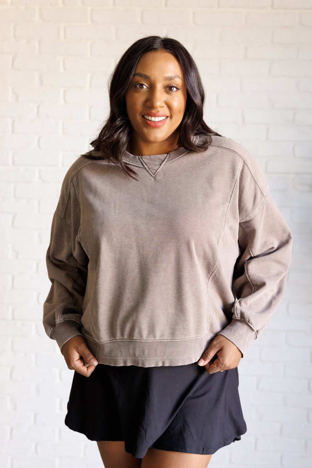 Quick Fix Mineral Wash Crew Neck Pullover in Mocha-Sweaters/Sweatshirts-Inspired by Justeen-Women's Clothing Boutique