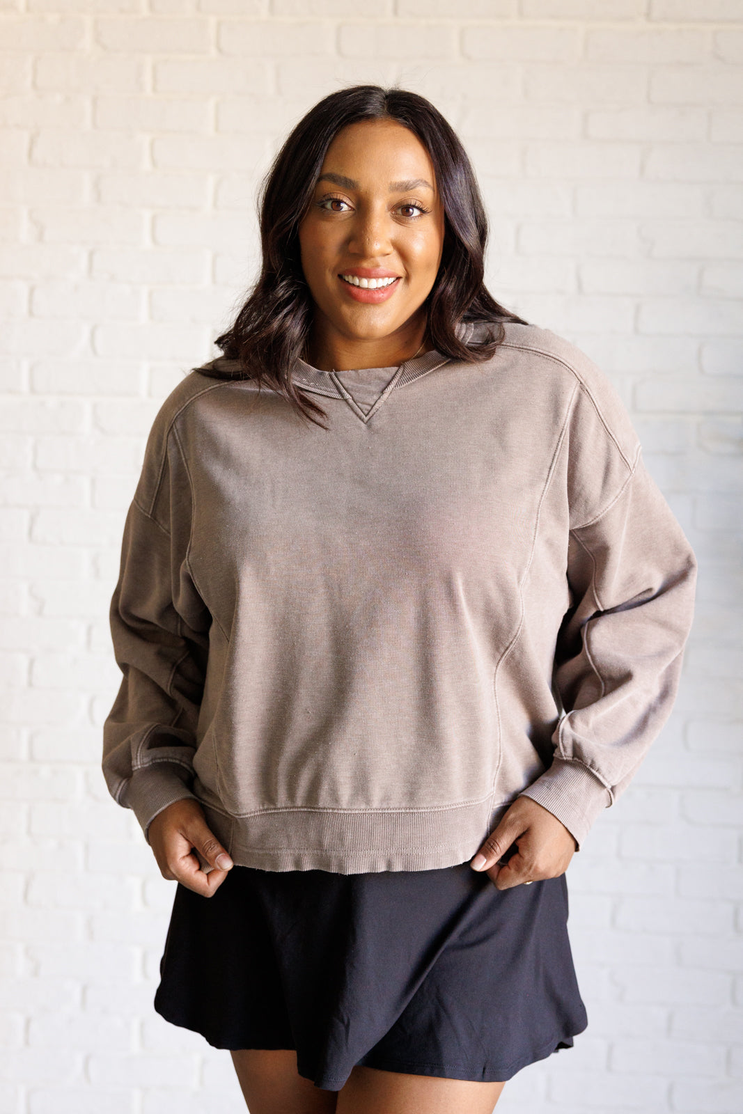 Quick Fix Mineral Wash Crew Neck Pullover in Mocha-Sweaters/Sweatshirts-Inspired by Justeen-Women's Clothing Boutique