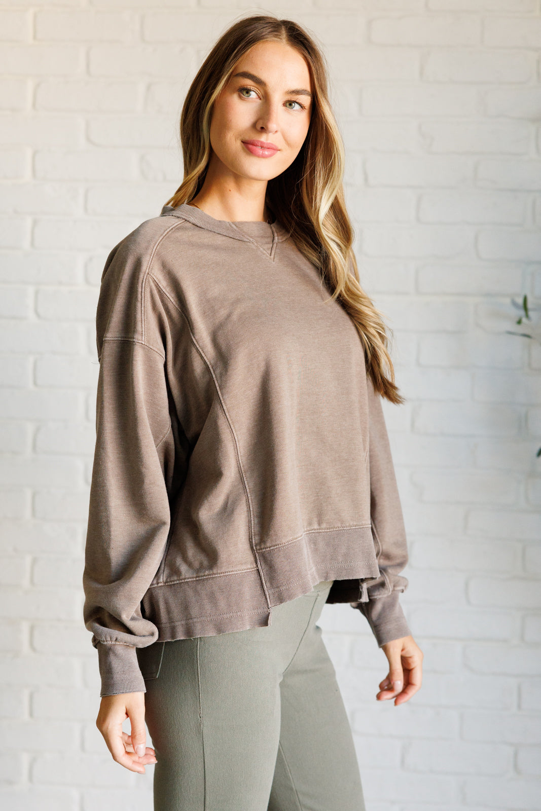 Quick Fix Mineral Wash Crew Neck Pullover in Mocha-Sweaters/Sweatshirts-Inspired by Justeen-Women's Clothing Boutique