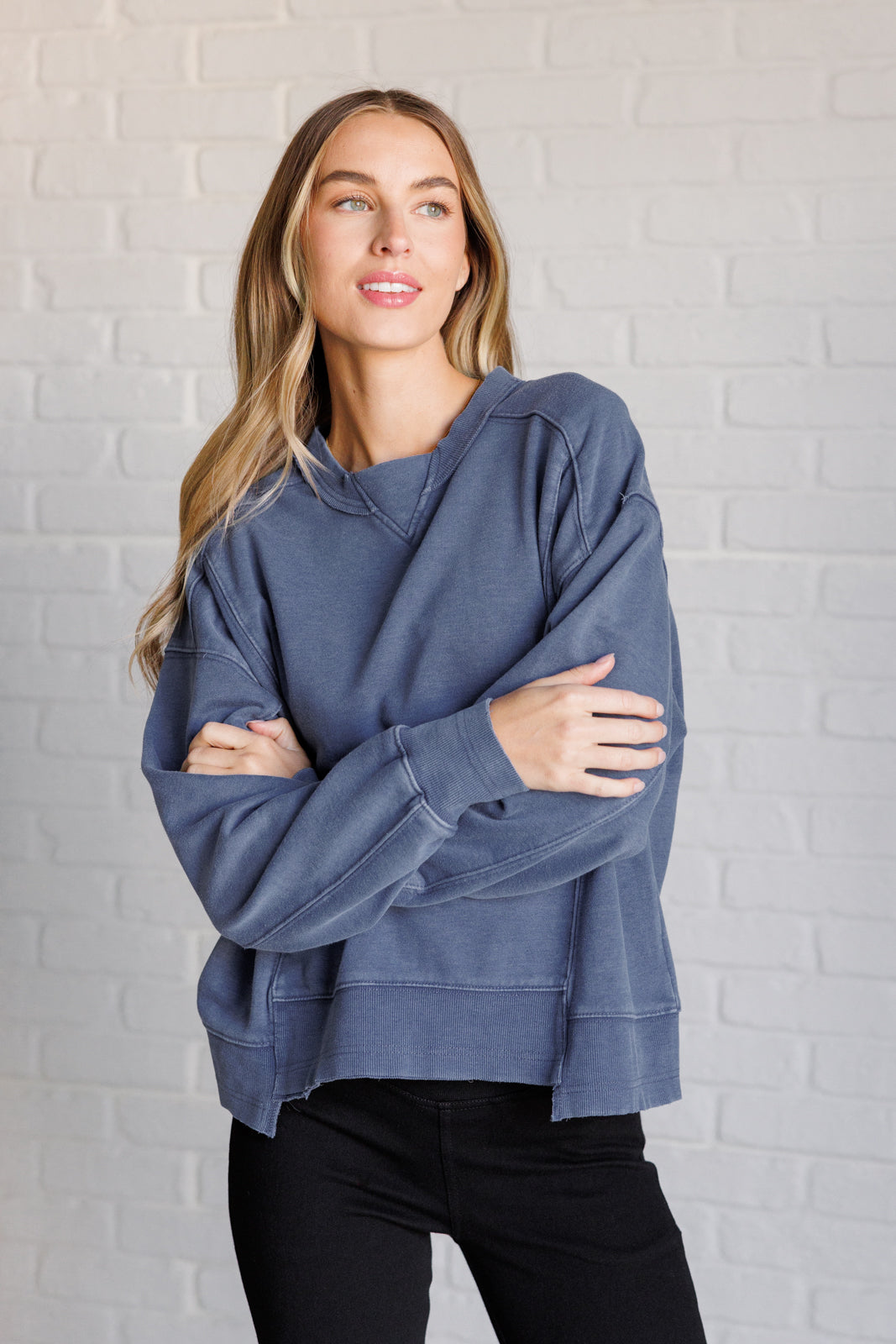 Quick Fix Mineral Wash Crew Neck Pullover in Psychic-Sweaters/Sweatshirts-Inspired by Justeen-Women's Clothing Boutique