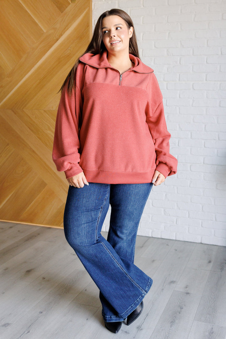 Quite the Impression Half Zip Pullover in Rust-Sweaters/Sweatshirts-Inspired by Justeen-Women's Clothing Boutique