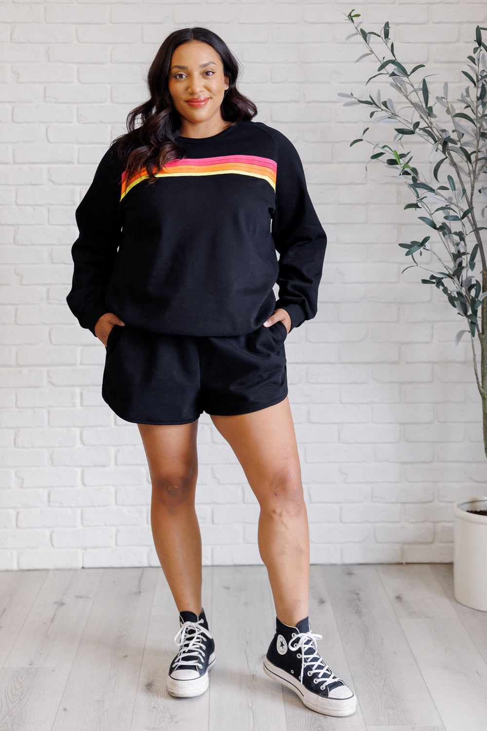 Retro Rainbow Shorts Set in Black-110 Long Sleeve Tops-Inspired by Justeen-Women's Clothing Boutique