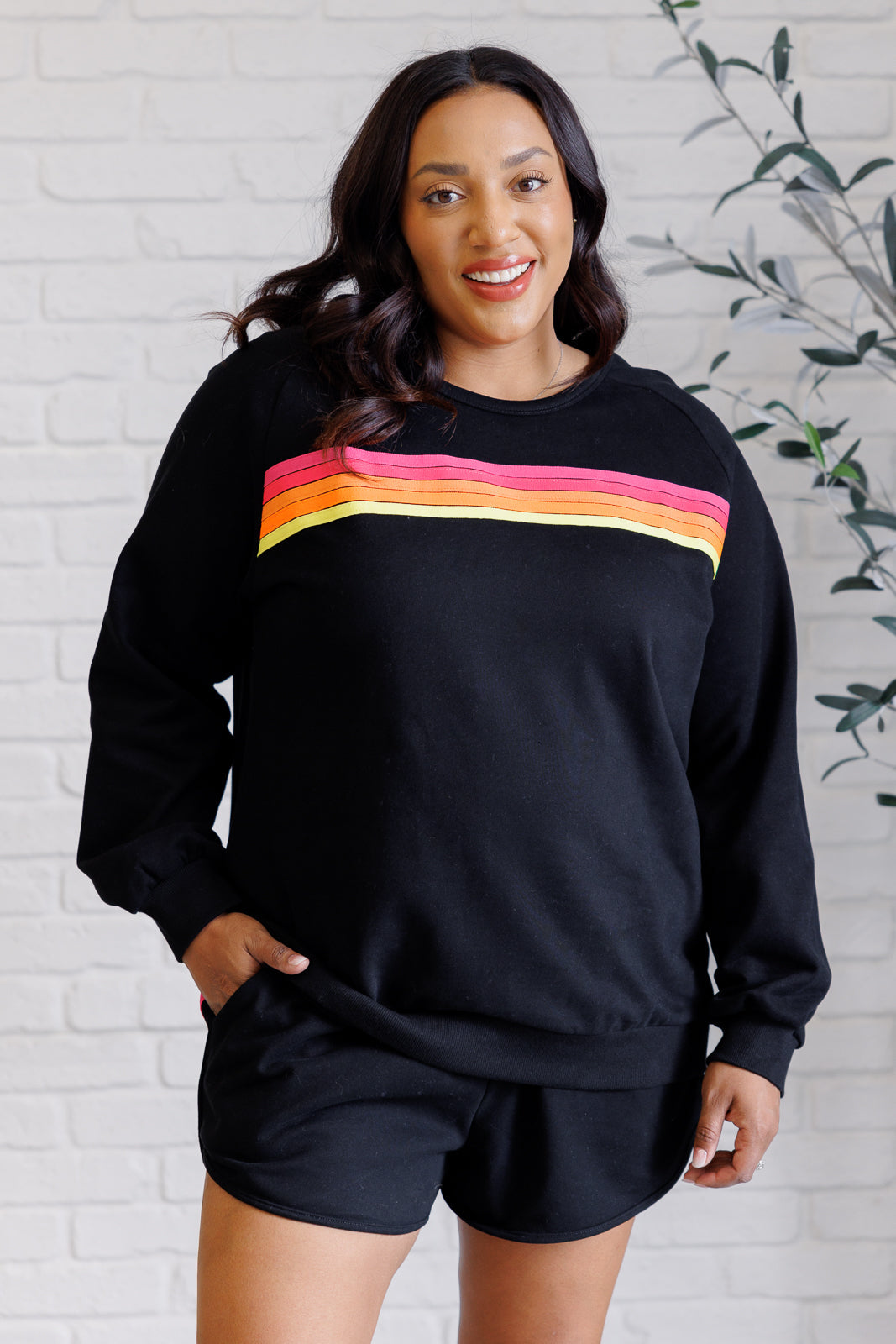 Retro Rainbow Shorts Set in Black-110 Long Sleeve Tops-Inspired by Justeen-Women's Clothing Boutique