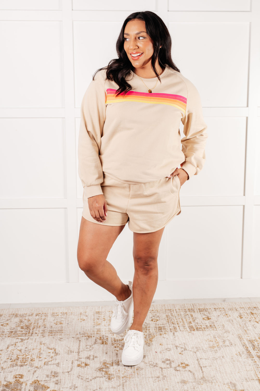 Retro Rainbow Shorts Set in Tan-110 Long Sleeve Tops-Inspired by Justeen-Women's Clothing Boutique