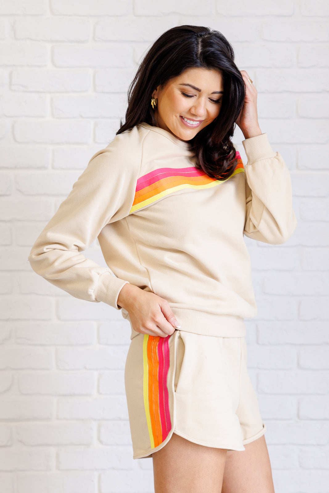 Retro Rainbow Shorts Set in Tan-110 Long Sleeve Tops-Inspired by Justeen-Women's Clothing Boutique