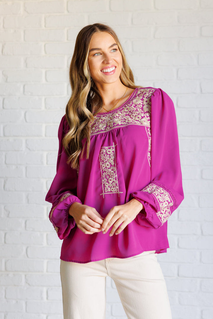 Rodeo Queen Embroidered Blouse-110 Long Sleeve Tops-Inspired by Justeen-Women's Clothing Boutique