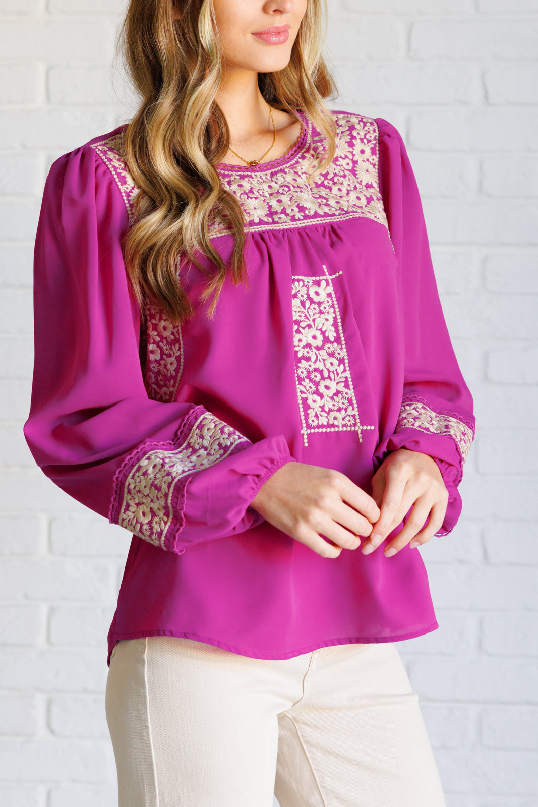 Rodeo Queen Embroidered Blouse-110 Long Sleeve Tops-Inspired by Justeen-Women's Clothing Boutique