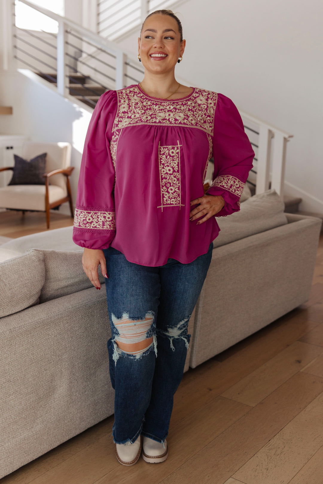 Rodeo Queen Embroidered Blouse-110 Long Sleeve Tops-Inspired by Justeen-Women's Clothing Boutique