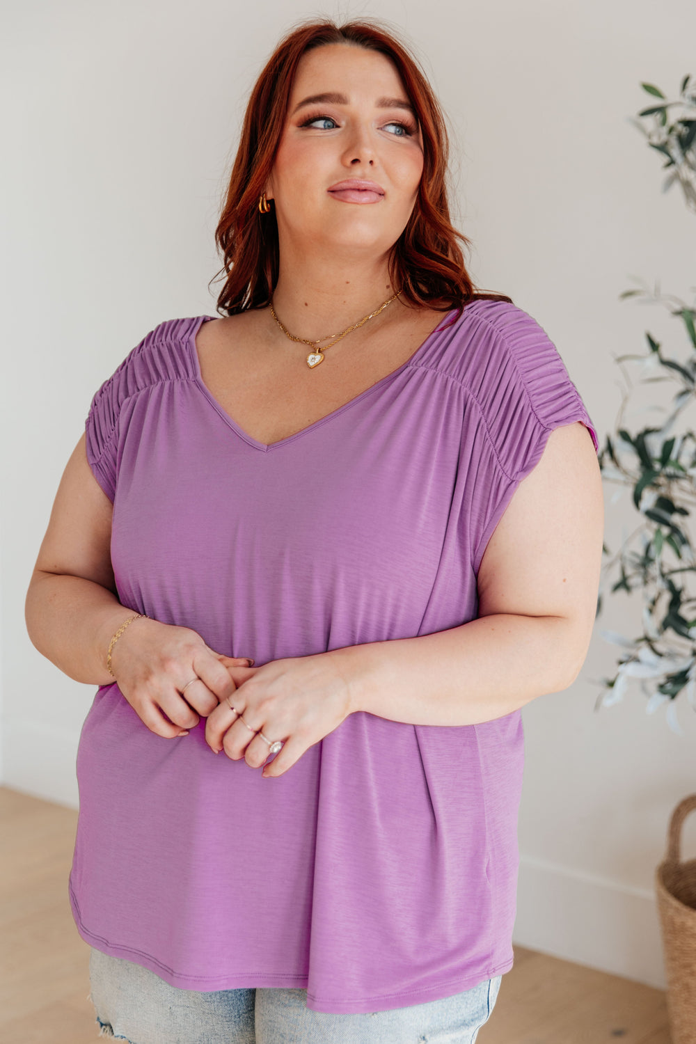 Ruched Cap Sleeve Top in Lavender-Short Sleeve Tops-Inspired by Justeen-Women's Clothing Boutique in Chicago, Illinois