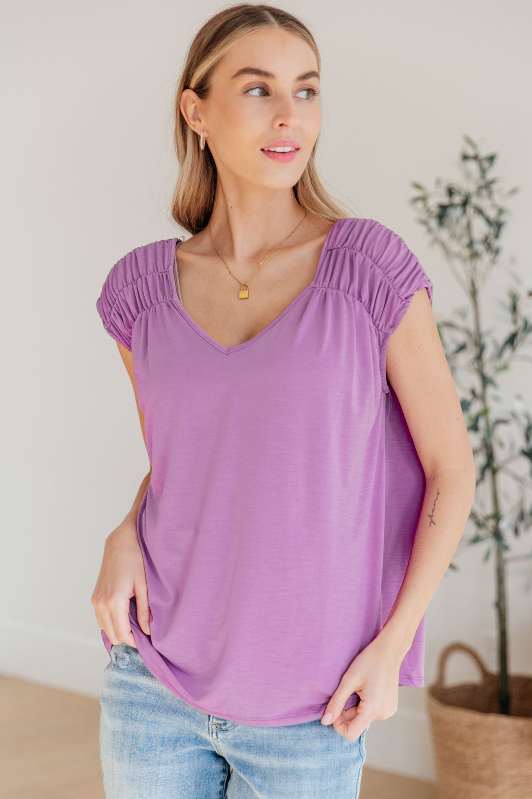Ruched Cap Sleeve Top in Lavender-Short Sleeve Tops-Inspired by Justeen-Women's Clothing Boutique in Chicago, Illinois