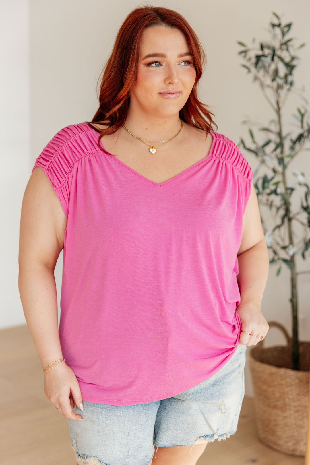 Ruched Cap Sleeve Top in Magenta-Short Sleeve Tops-Inspired by Justeen-Women's Clothing Boutique in Chicago, Illinois
