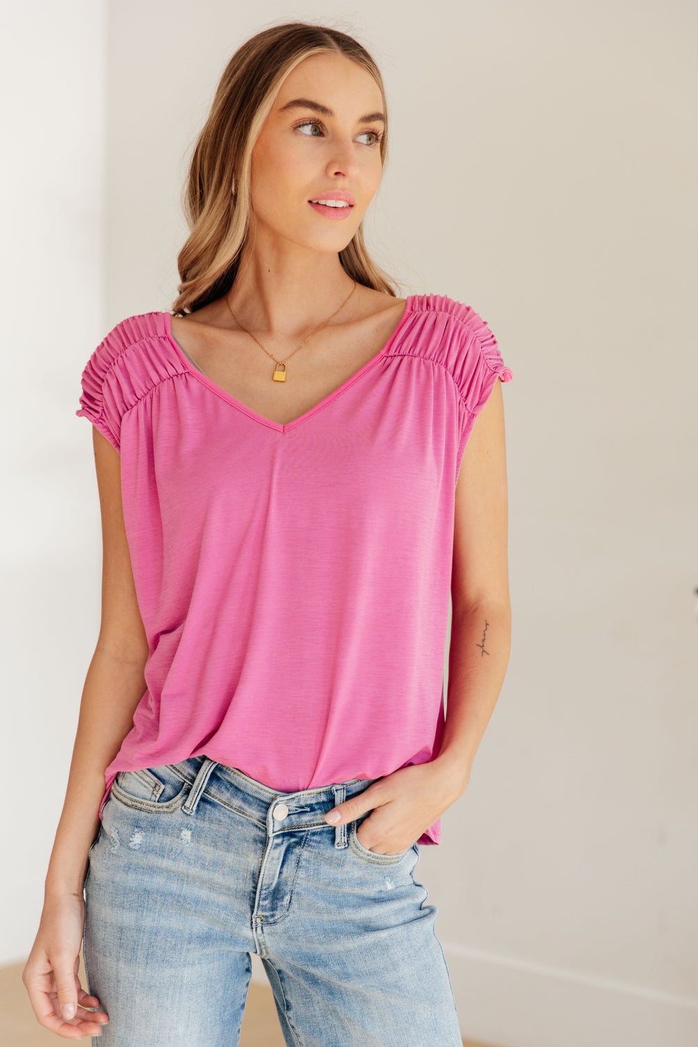 Ruched Cap Sleeve Top in Magenta-Short Sleeve Tops-Inspired by Justeen-Women's Clothing Boutique in Chicago, Illinois