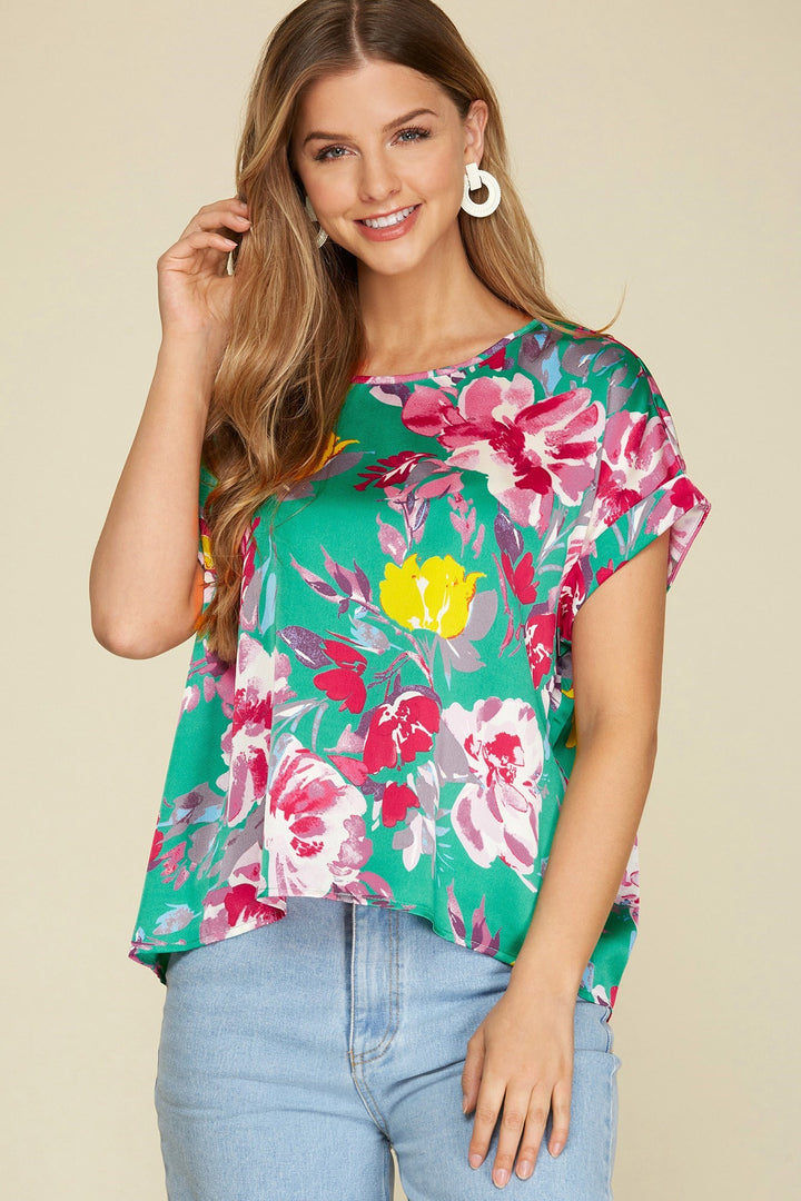 Laura Floral Satin Top, Jade-Short Sleeve Tops-Inspired by Justeen-Women's Clothing Boutique in Chicago, Illinois