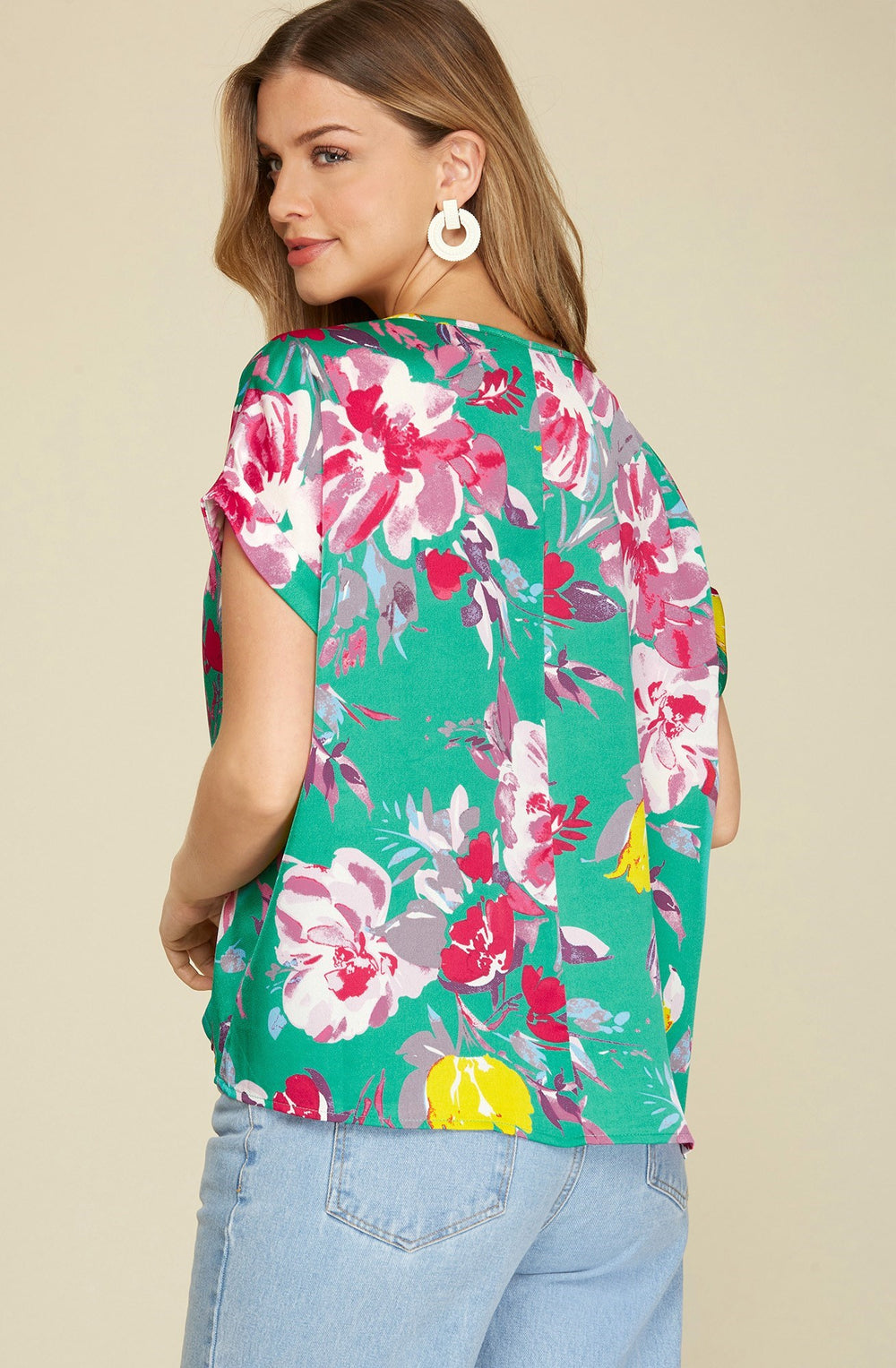 Laura Floral Satin Top, Jade-Short Sleeve Tops-Inspired by Justeen-Women's Clothing Boutique in Chicago, Illinois