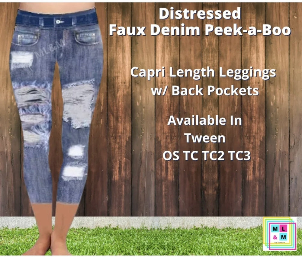 Distressed Faux Denim Capris-Leggings-Inspired by Justeen-Women's Clothing Boutique in Chicago, Illinois