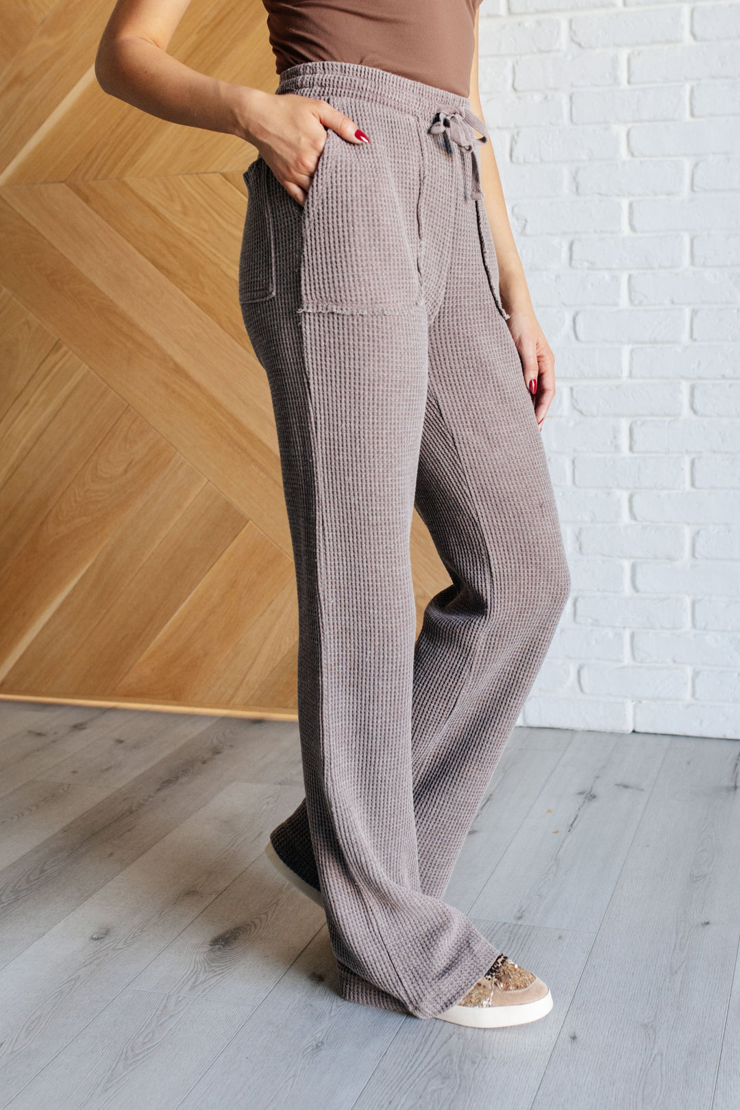 Set Process Mineral Wash Waffle Knit Pants in Brown-Pants-Inspired by Justeen-Women's Clothing Boutique