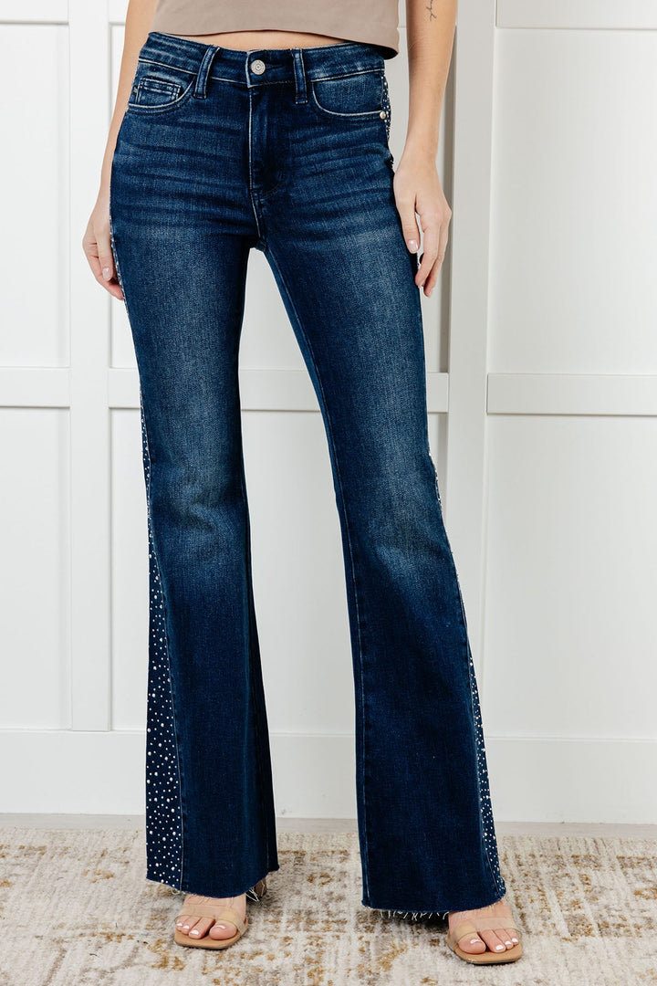 Shannon Mid Rise Rhinestone Detail Flare Jeans-Denim-Inspired by Justeen-Women's Clothing Boutique