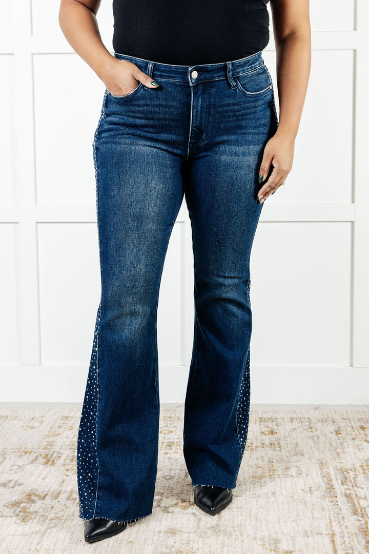 Shannon Mid Rise Rhinestone Detail Flare Jeans-Denim-Inspired by Justeen-Women's Clothing Boutique