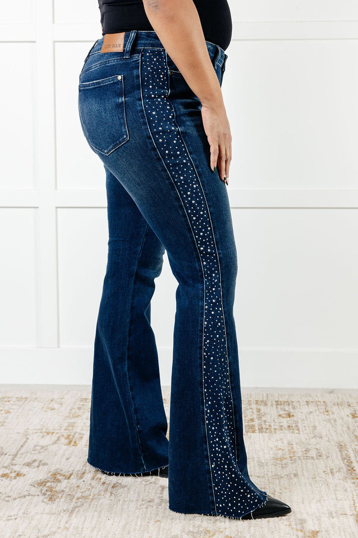 Shannon Mid Rise Rhinestone Detail Flare Jeans-Denim-Inspired by Justeen-Women's Clothing Boutique