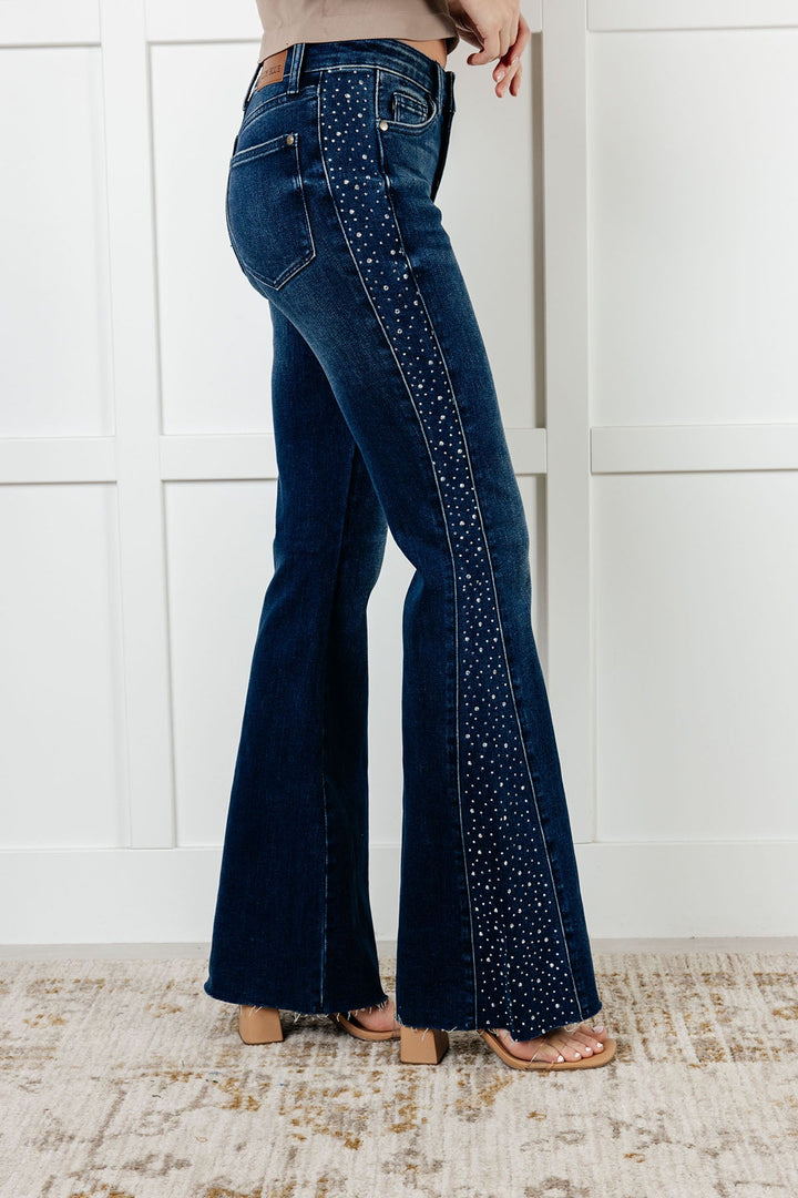 Shannon Mid Rise Rhinestone Detail Flare Jeans-Denim-Inspired by Justeen-Women's Clothing Boutique