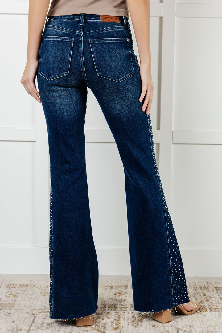 Shannon Mid Rise Rhinestone Detail Flare Jeans-Denim-Inspired by Justeen-Women's Clothing Boutique