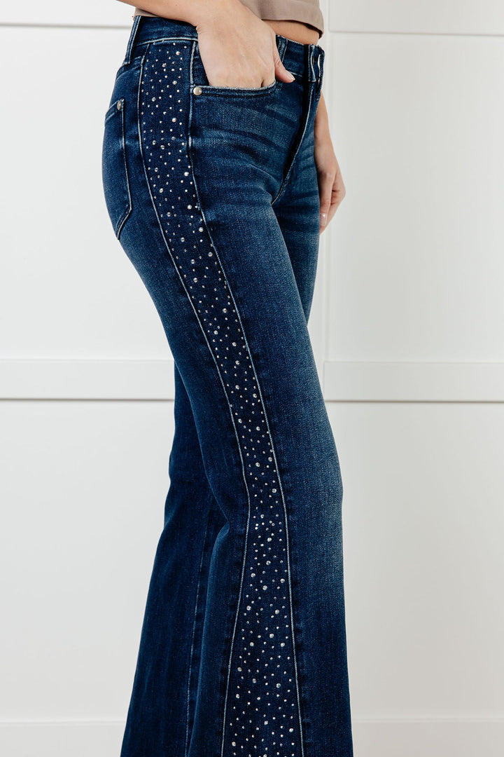 Shannon Mid Rise Rhinestone Detail Flare Jeans-Denim-Inspired by Justeen-Women's Clothing Boutique