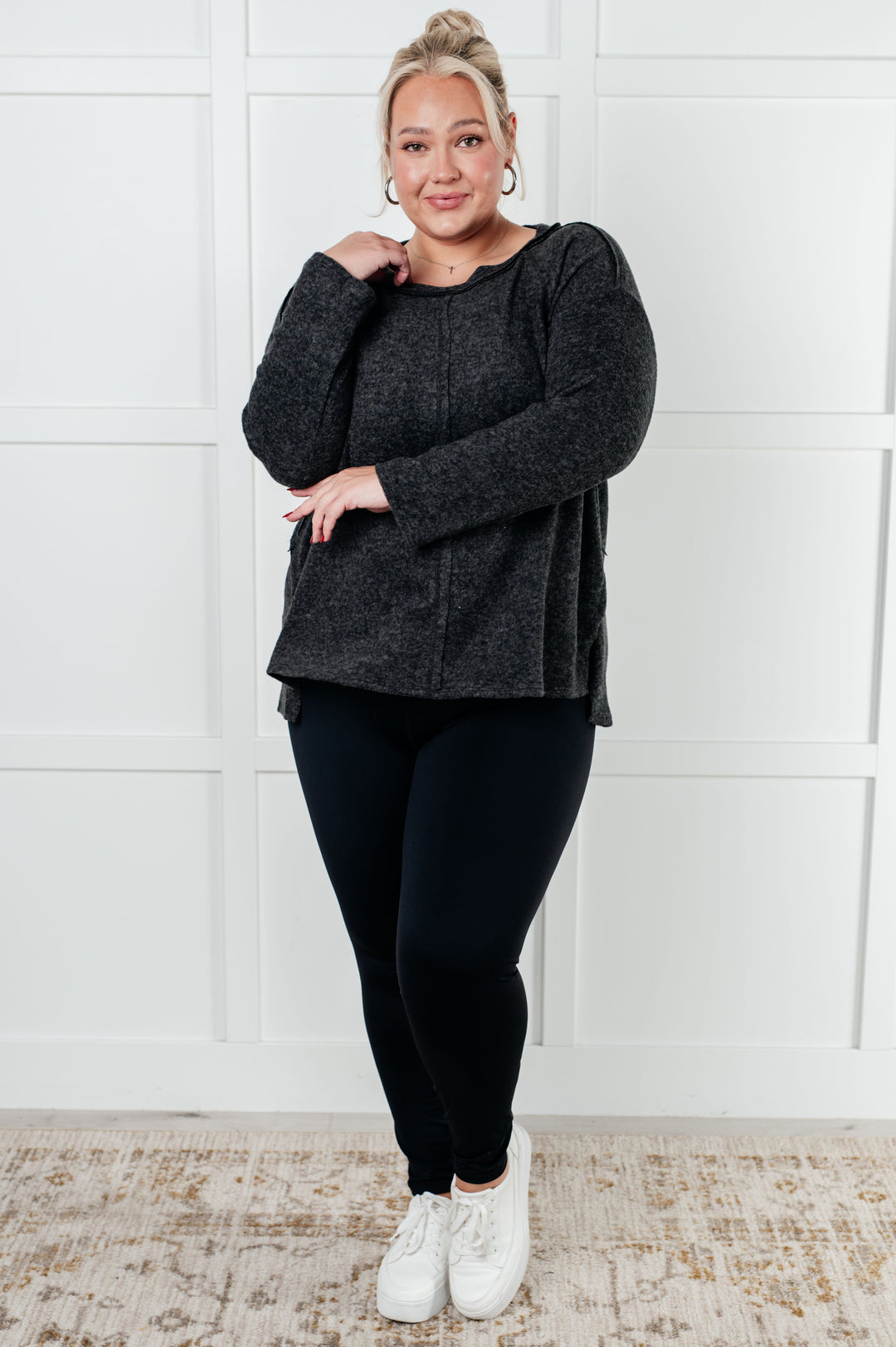 Simple Silhouette Brushed Hacci Sweater in Black-Sweaters/Sweatshirts-Inspired by Justeen-Women's Clothing Boutique