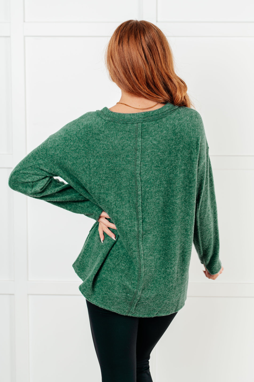 Simple Silhouette Brushed Hacci Sweater in Dark Green-Sweaters/Sweatshirts-Inspired by Justeen-Women's Clothing Boutique