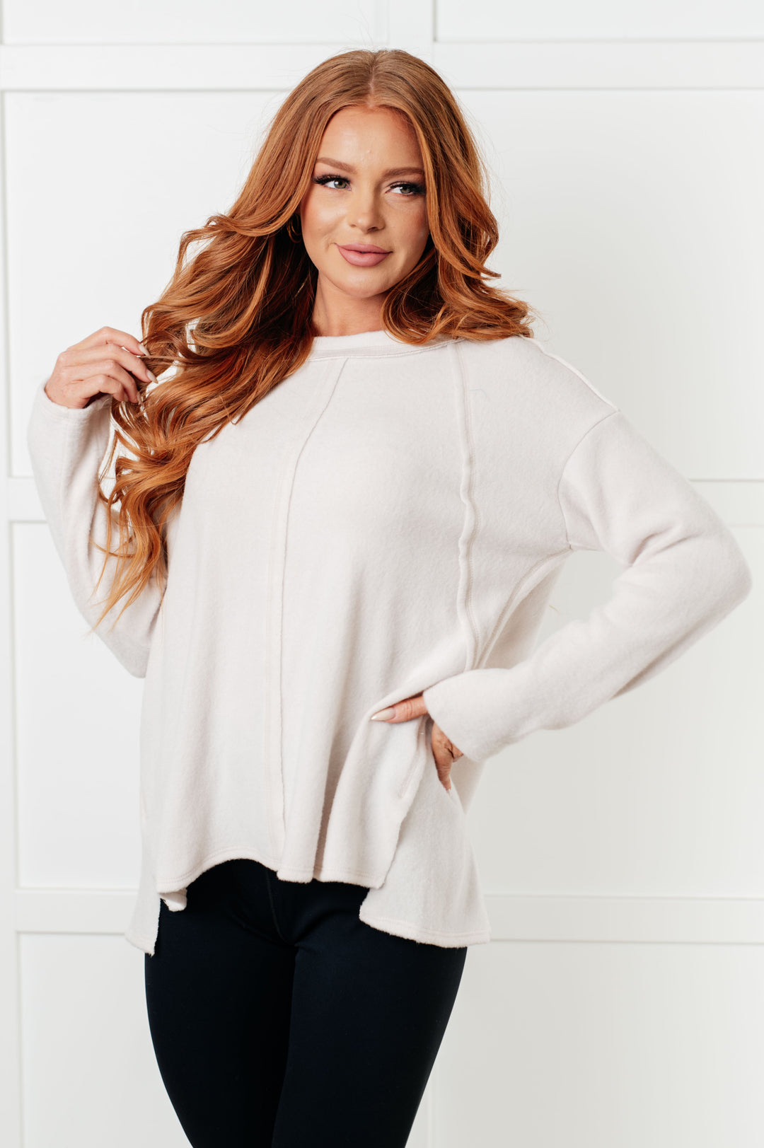 Simple Silhouette Brushed Hacci Sweater in Sand Beige-Sweaters/Sweatshirts-Inspired by Justeen-Women's Clothing Boutique