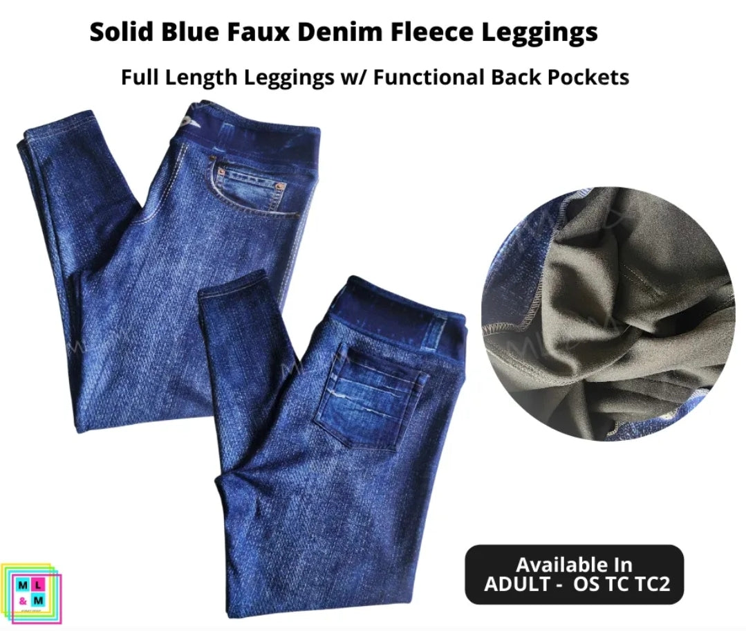 Solid Blue Faux Denim Fleece Leggings-Fleece Leggings-Inspired by Justeen-Women's Clothing Boutique in Chicago, Illinois