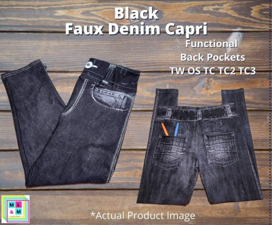 Solid Black Capri Faux Denim Leggings-LEGGINGS & CAPRIS-Inspired by Justeen-Women's Clothing Boutique in Chicago, Illinois