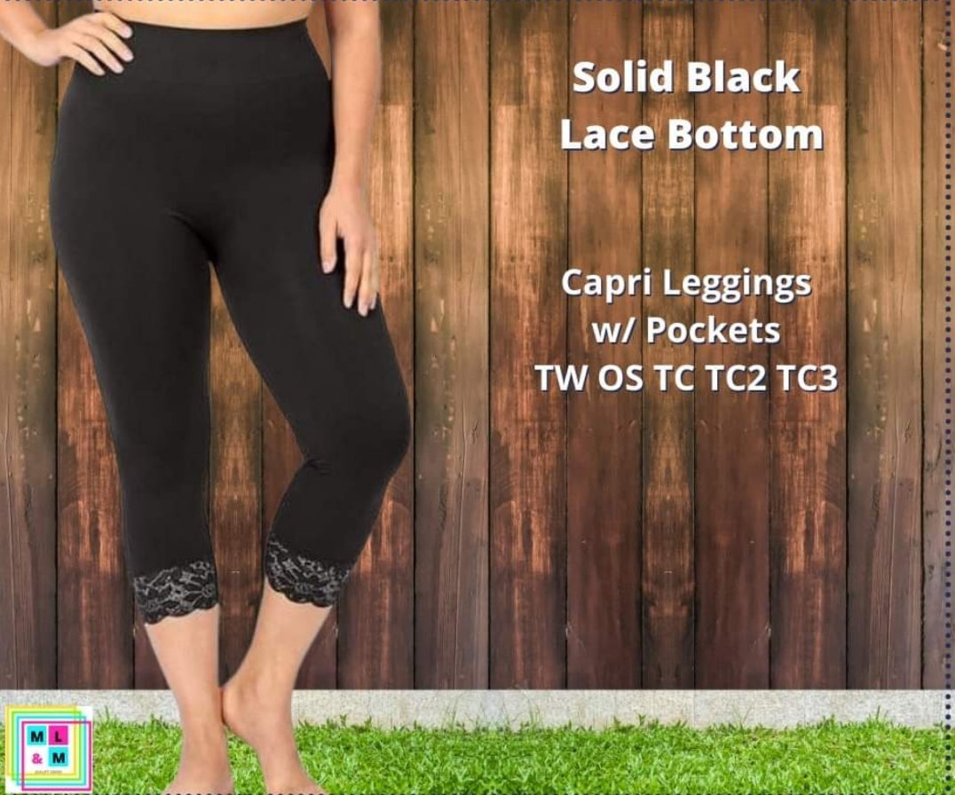 Black Lace Bottom Capri Leggings w/ Pockets-Leggings-Inspired by Justeen-Women's Clothing Boutique in Chicago, Illinois