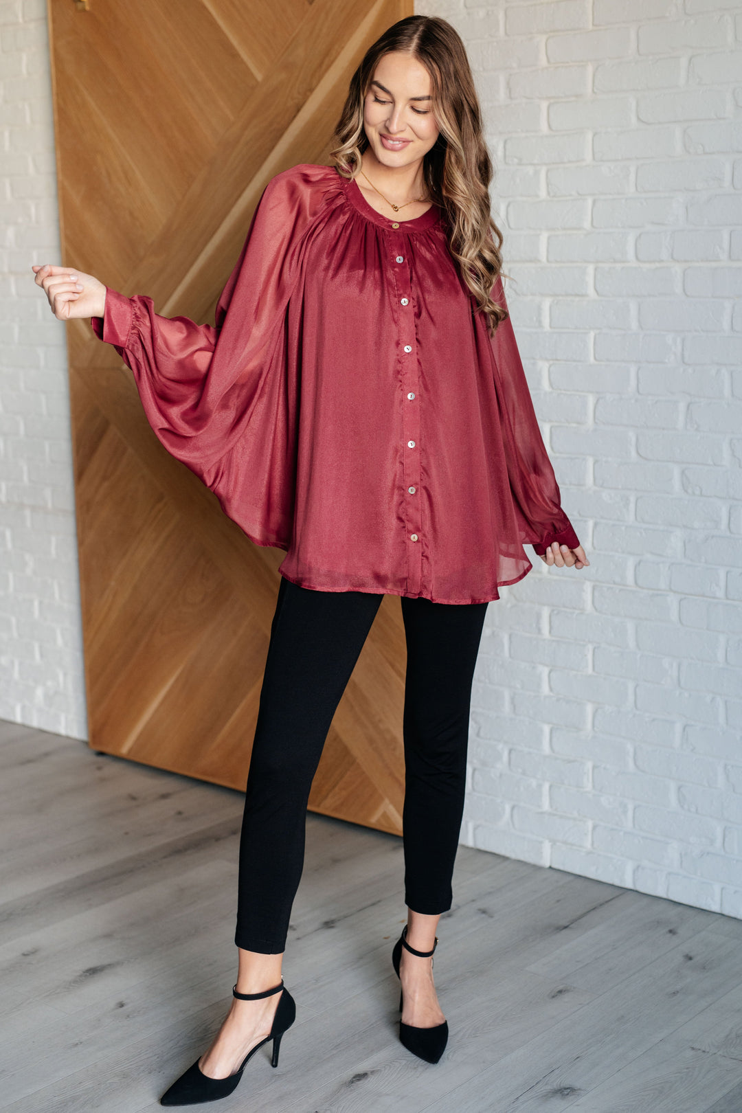 Smiles and Pouts Bat Sleeve Button Down-110 Long Sleeve Tops-Inspired by Justeen-Women's Clothing Boutique