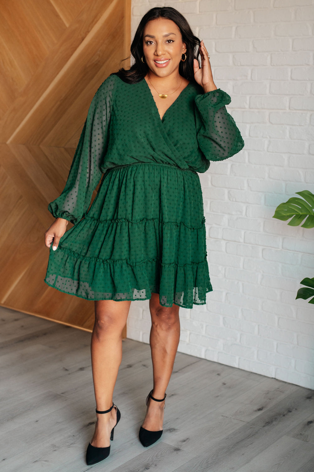 Starlit Glow V-Neck Tiered Dress in Hunter Green-Dresses-Inspired by Justeen-Women's Clothing Boutique