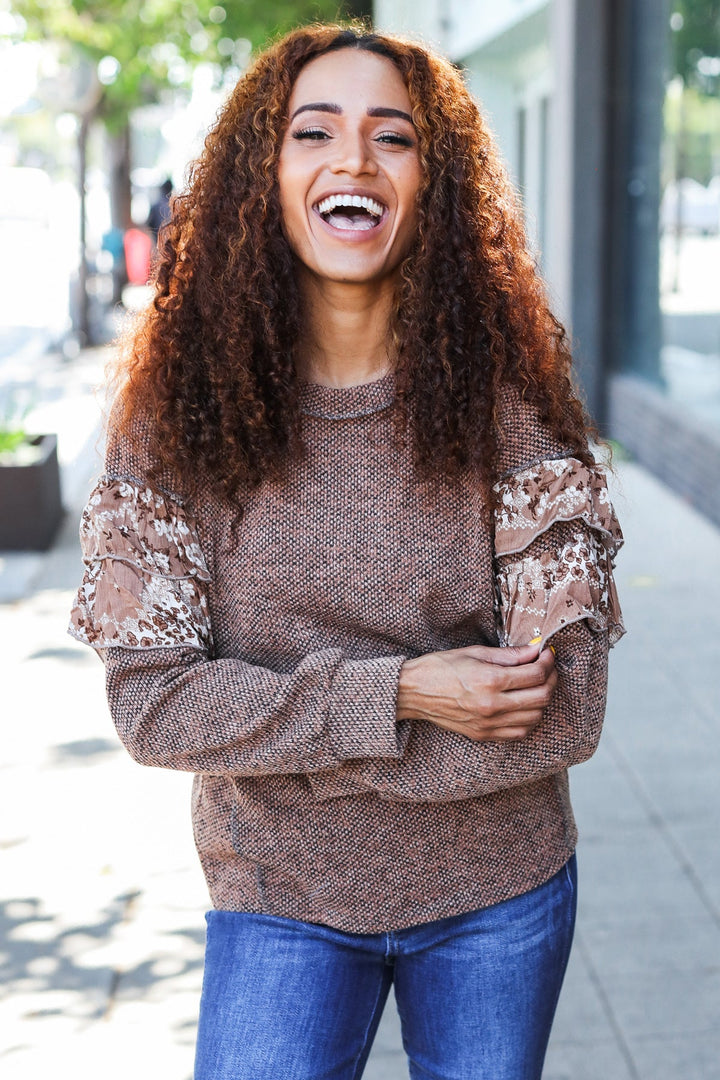 Fall Diva Brown Two Tone Knit Floral Print Frill Detail Sweater-Inspired by Justeen-Women's Clothing Boutique