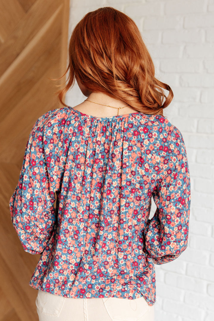 Sunday Brunch Blouse in Denim Floral-110 Long Sleeve Tops-Inspired by Justeen-Women's Clothing Boutique