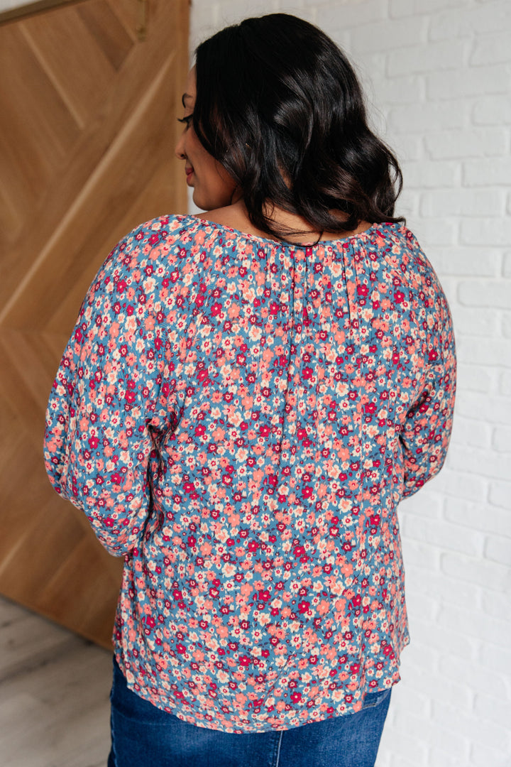 Sunday Brunch Blouse in Denim Floral-110 Long Sleeve Tops-Inspired by Justeen-Women's Clothing Boutique