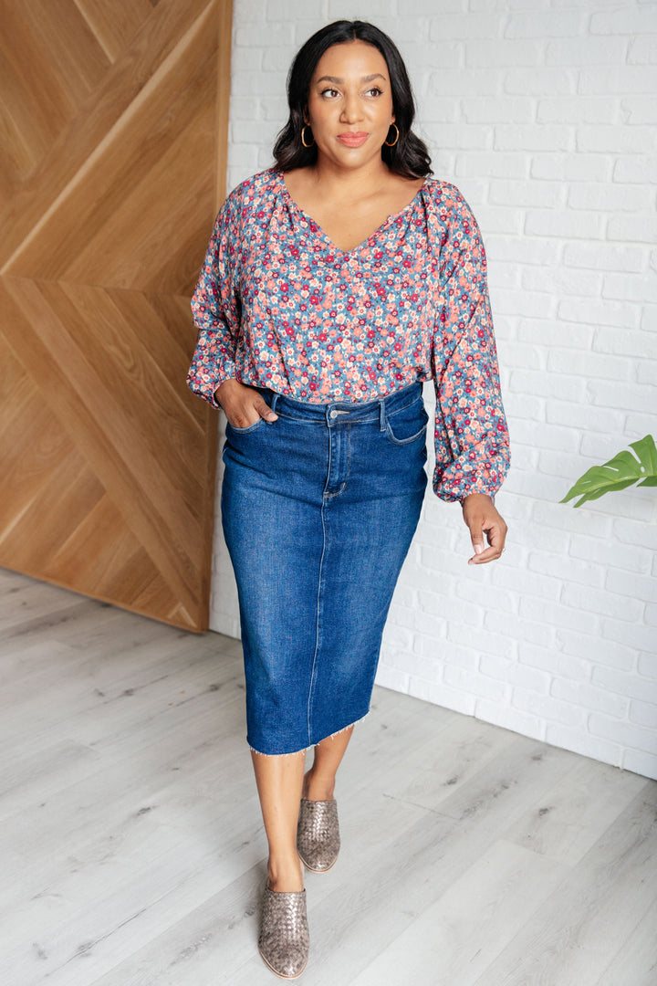 Sunday Brunch Blouse in Denim Floral-110 Long Sleeve Tops-Inspired by Justeen-Women's Clothing Boutique