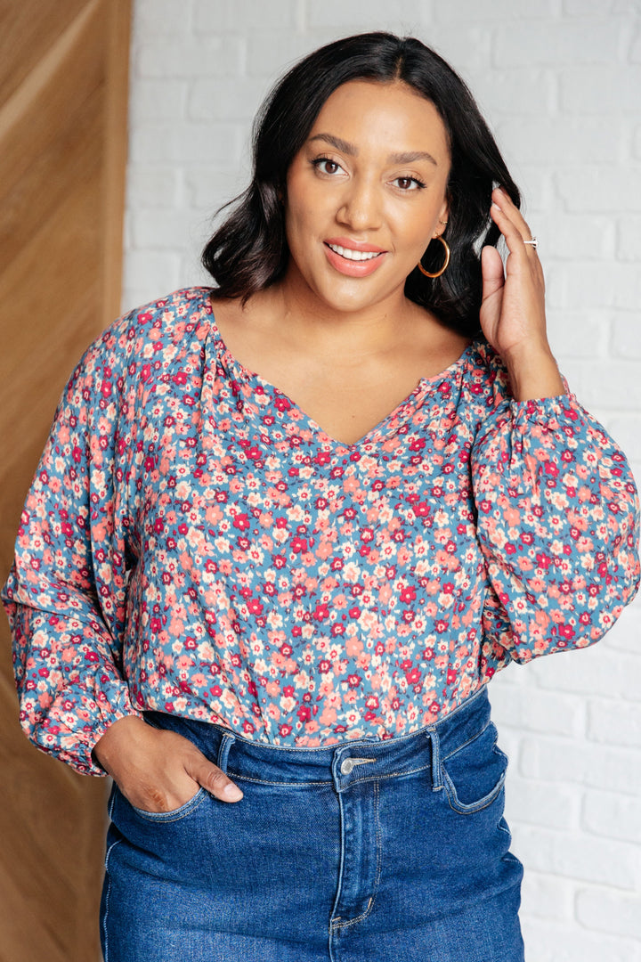 Sunday Brunch Blouse in Denim Floral-110 Long Sleeve Tops-Inspired by Justeen-Women's Clothing Boutique