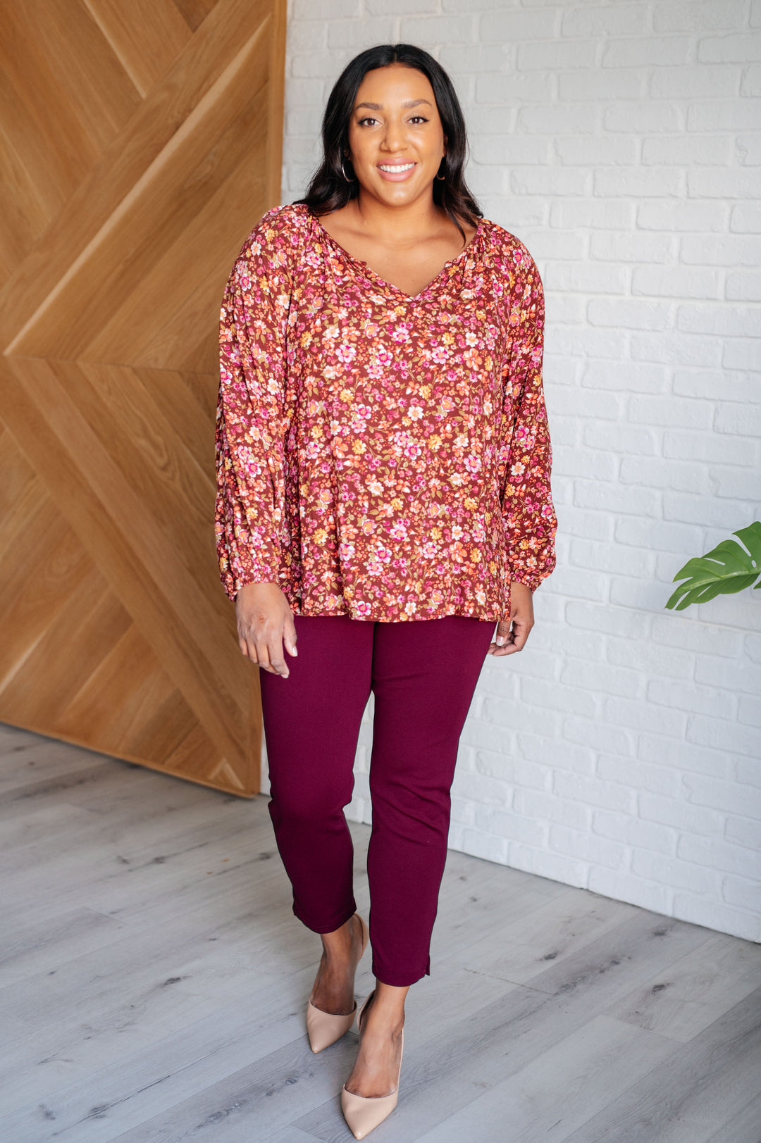 Sunday Brunch Blouse in Rust Floral-110 Long Sleeve Tops-Inspired by Justeen-Women's Clothing Boutique