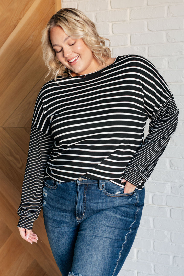 Super Clever Patchwork Striped Top in Black-110 Long Sleeve Tops-Inspired by Justeen-Women's Clothing Boutique